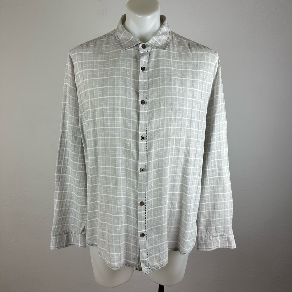 Carbon2Cobalt Soft Linen Men's Gray Plaid Casual Button Down Shirt